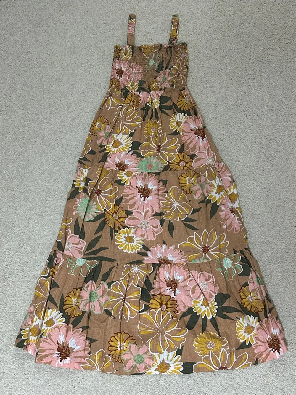 Roxy Floral Maxi Sundress in Brown with Pink & Yellow Blooms - Picture 1 of 3